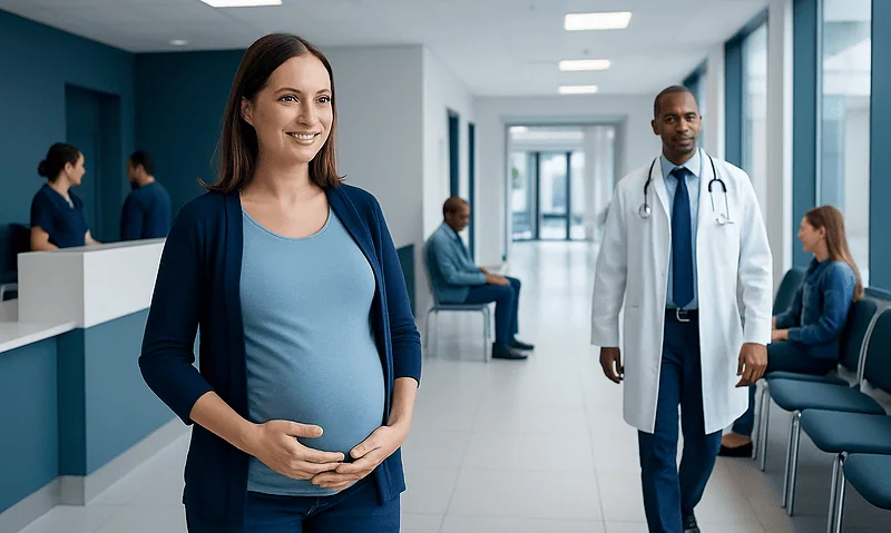 Pregnant woman at hospital with doctor and staff in background.