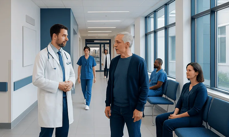 Doctor talking to patient in hospital corridor with staff and waiting area.