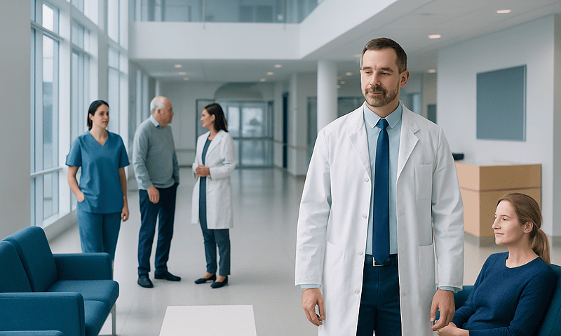 Medical professionals and patient in a modern hospital lobby.
