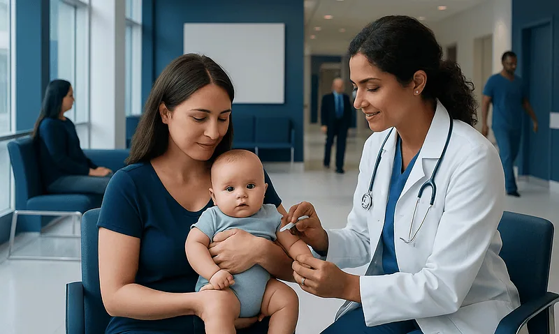 Pediatric vaccination at Acibadem Hospital with a healthcare professional and mother.