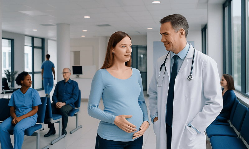 Pregnant woman consulting with a doctor in a hospital corridor.