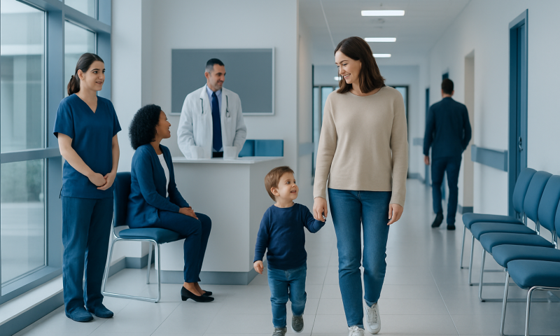 Mother and child in hospital corridor with medical staff in background.