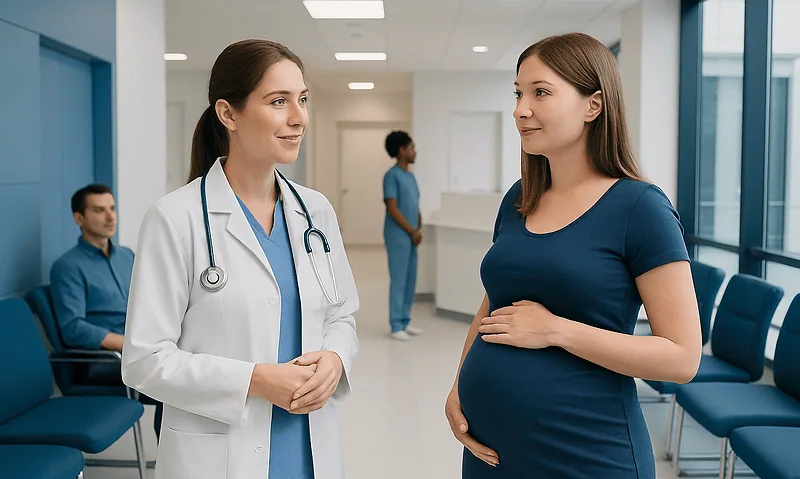 Pregnant woman consulting with a doctor in a hospital corridor.