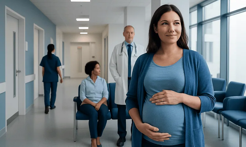 Pregnant woman in hospital corridor with medical staff and patients.