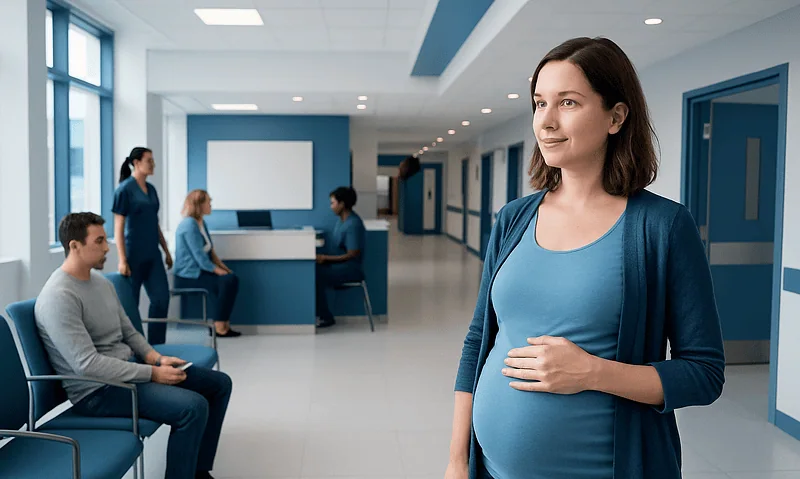 Pregnant woman waiting in hospital corridor with medical staff and patients.
