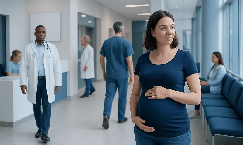 Pregnant woman waiting in hospital corridor with medical staff around.