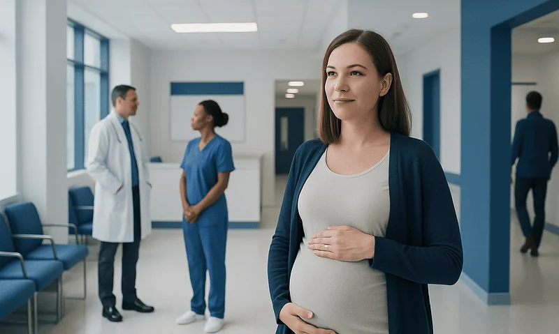 Pregnant woman at hospital with medical staff in background.