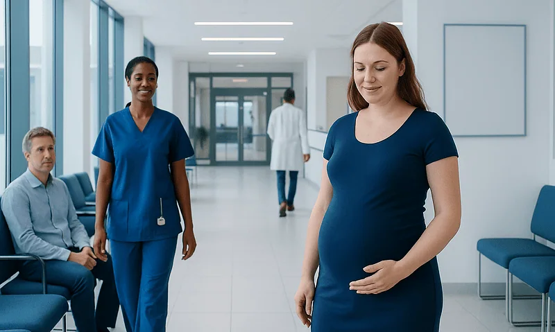 Pregnant woman in hospital corridor with medical staff and patients.