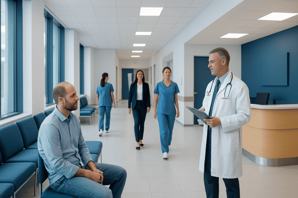 2500 Grafts Hair Transplant: Coverage, Cost Factors, and What to Expect 1 Medical consultation in a modern hospital corridor with doctor and patient.