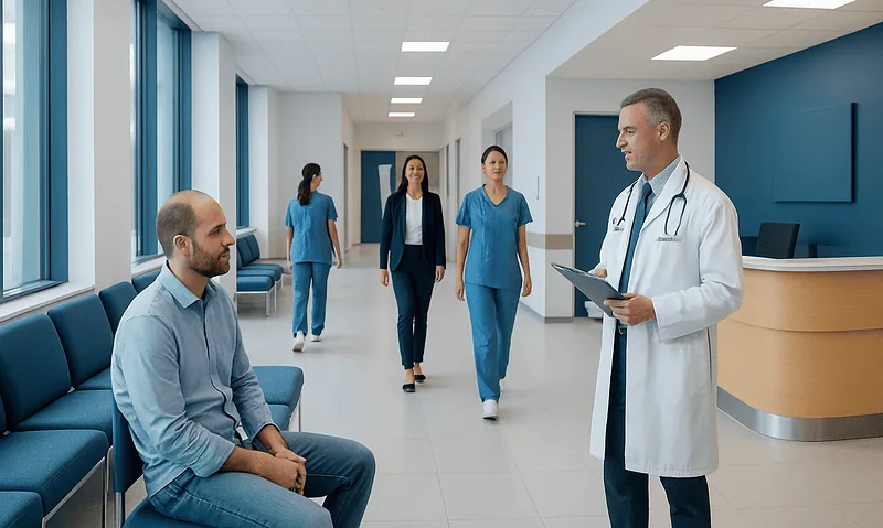 Medical consultation in a modern hospital corridor with doctor and patient.