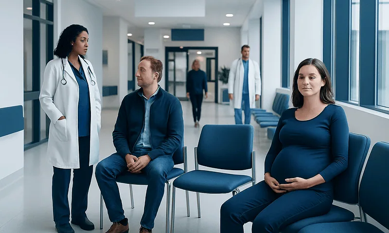 Pregnant woman consulting with doctor in hospital waiting area.