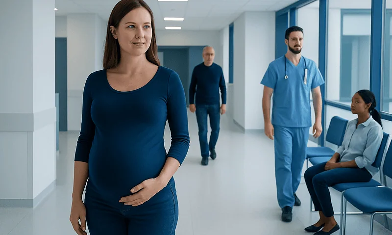 Pregnant woman in hospital corridor with medical staff and patient.