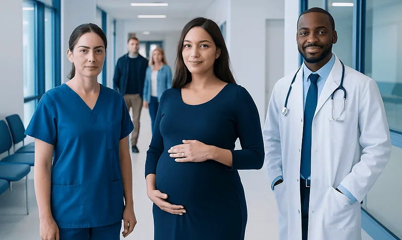 Pregnant woman with healthcare professionals in hospital corridor.
