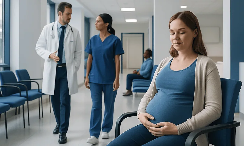 Pregnant woman in hospital waiting area with medical staff nearby.