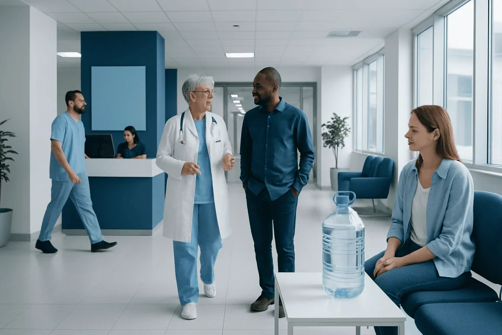 How Much Is 3 Liters of Water? Causes, Explanations, and Next Steps 1 Healthcare professionals and patient in a modern hospital lobby.