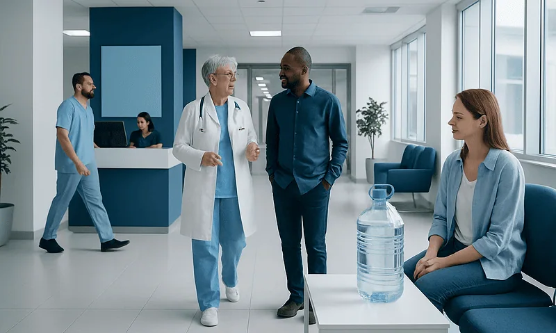 Healthcare professionals and patient in a modern hospital lobby.