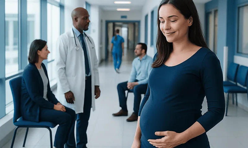 Pregnant woman at hospital waiting area with medical staff and visitors.