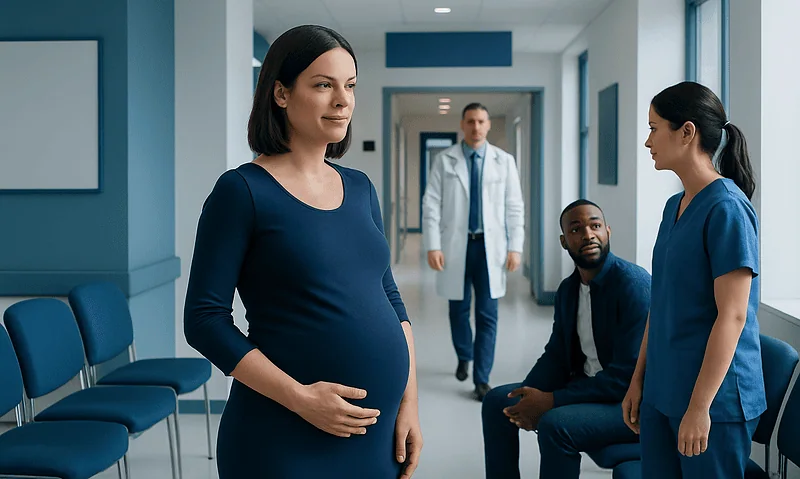 Pregnant woman at hospital with medical staff and doctor in background.