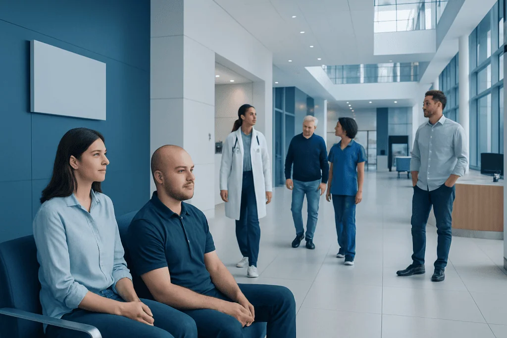 3000 Grafts Hair Transplant: Coverage, Cost Factors, and What to Expect 1 Patients waiting in a modern hospital lobby with medical staff nearby.