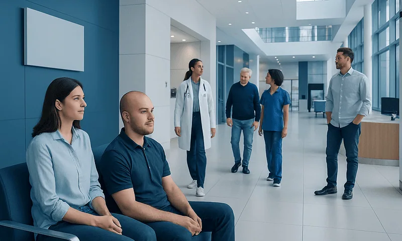 Patients waiting in a modern hospital lobby with medical staff nearby.