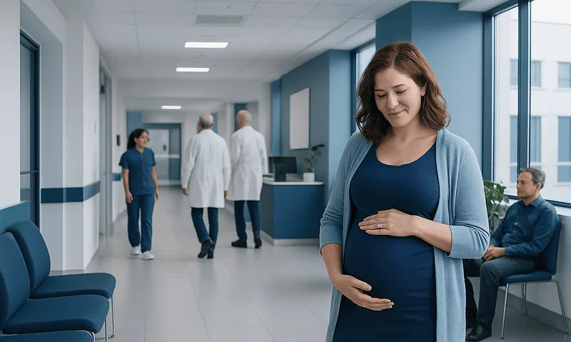 Pregnant woman in hospital corridor with medical staff and patient.