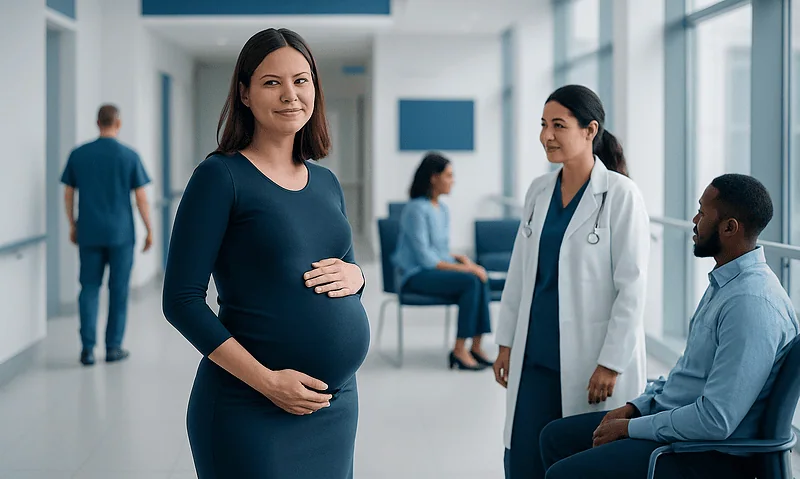 Pregnant woman at hospital with medical staff and patients.