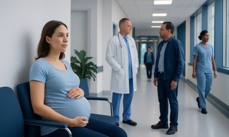 Pregnant woman waiting in hospital corridor with medical staff nearby.