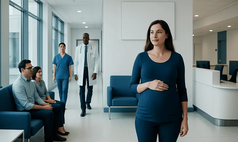Pregnant woman waiting in hospital corridor with medical staff nearby.