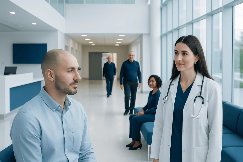 3500 Grafts Hair Transplant: Coverage, Cost Factors, and What to Expect 1 Patient consulting with a doctor in a modern hospital lobby.