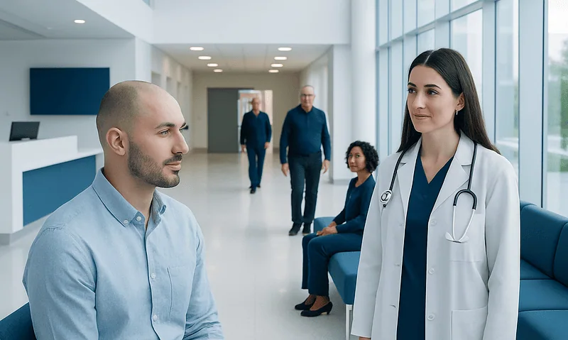 Patient consulting with a doctor in a modern hospital lobby.
