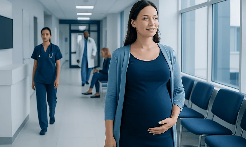 Pregnant woman in hospital corridor with medical staff in background.