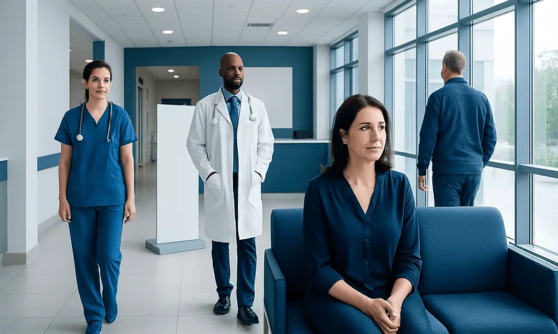 Medical professionals and patient in a hospital waiting area with large windows.
