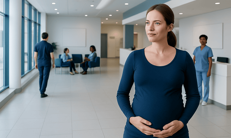 Pregnant woman in hospital lobby with medical staff and patients.