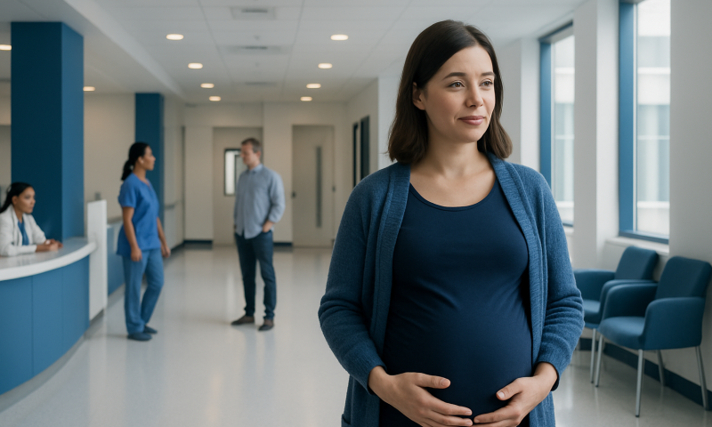 Pregnant woman in hospital corridor at Acibadem Hospitals Group.