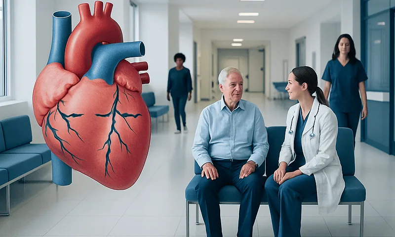 Heart model with medical staff and patient in hospital corridor.