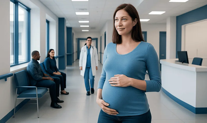 Pregnant woman in hospital waiting area with medical staff and patients.