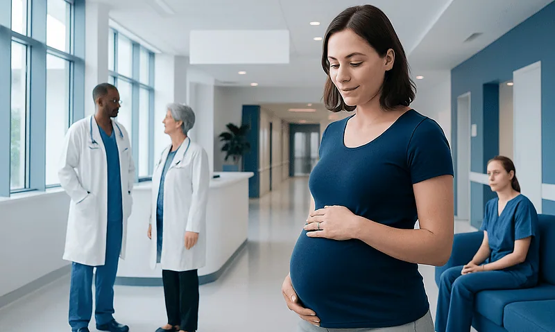Pregnant woman in hospital corridor with medical staff and nurse in background.