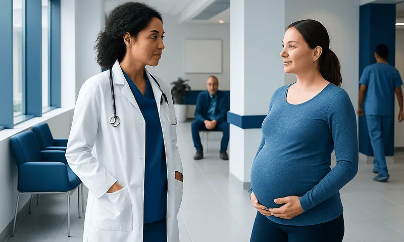 Pregnant woman talking to doctor in hospital corridor.