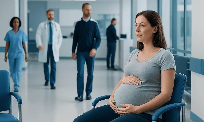 Pregnant woman in hospital waiting area with medical staff in background.