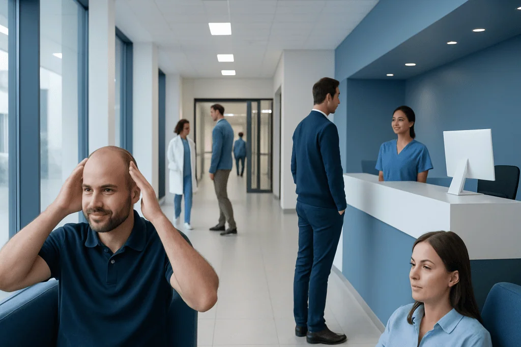 4500 Grafts Hair Transplant: Coverage, Cost Factors, and What to Expect 1 Patients and staff at Acibadem Hospital reception area.