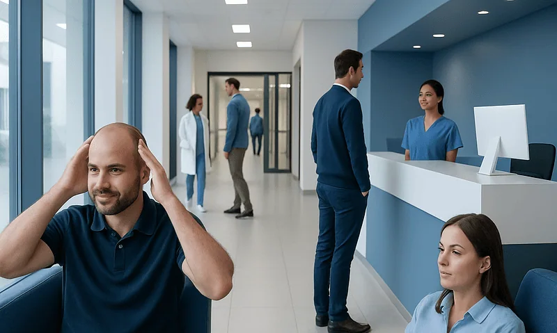 Patients and staff at Acibadem Hospital reception area.