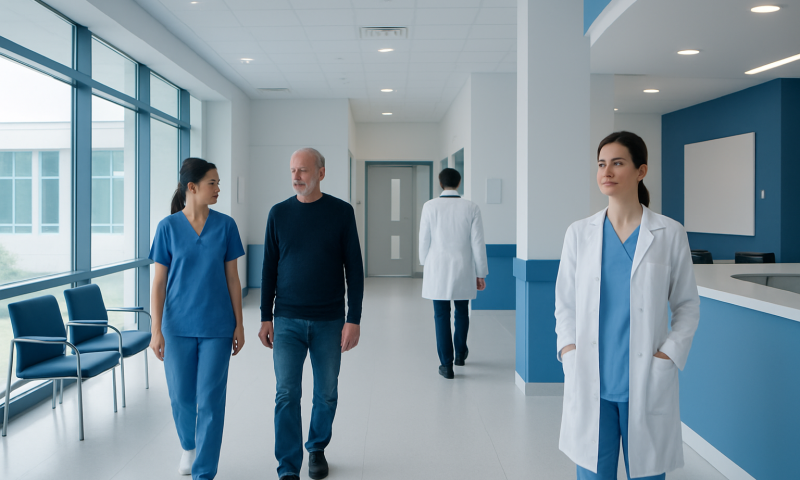 Medical professionals and a patient walking in a modern hospital corridor.
