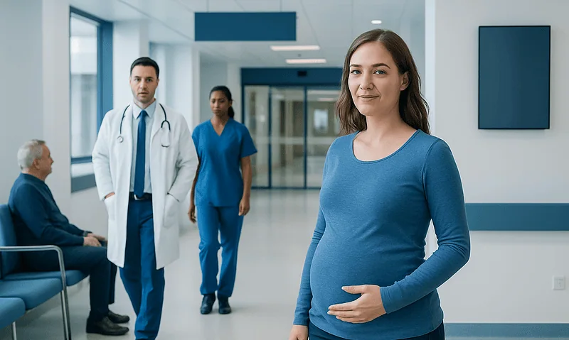 Pregnant woman at hospital with medical staff and patient in background.