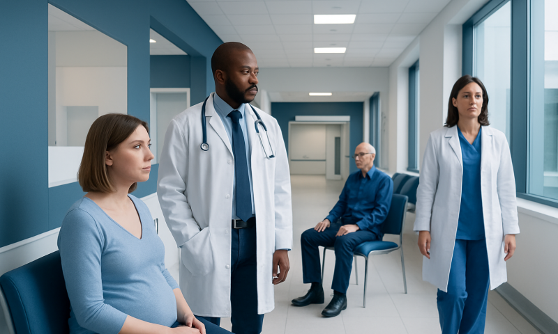Medical team consulting with pregnant woman in hospital corridor.