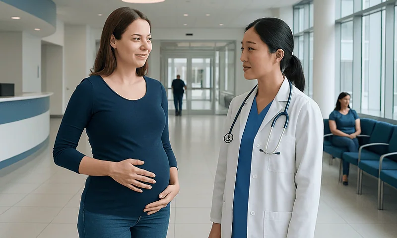 Pregnant woman consulting with a doctor in a hospital lobby.