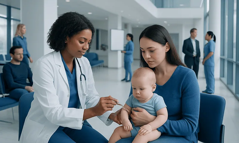 Pediatric vaccination consultation at Acibadem Hospital with doctor and mother.