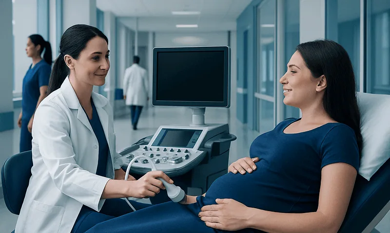 Pregnant woman having ultrasound exam in hospital corridor.