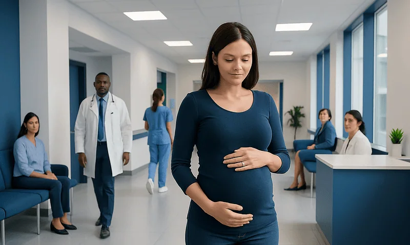 Pregnant woman in hospital corridor with medical staff and patients.