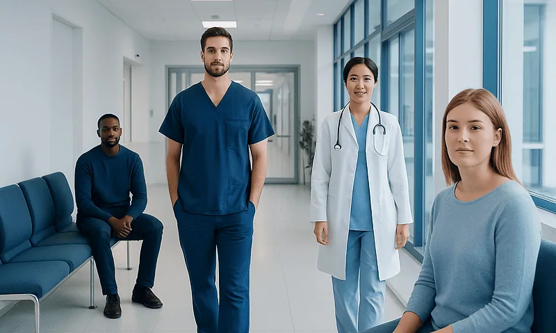 Medical team in hospital corridor with patients and staff.
