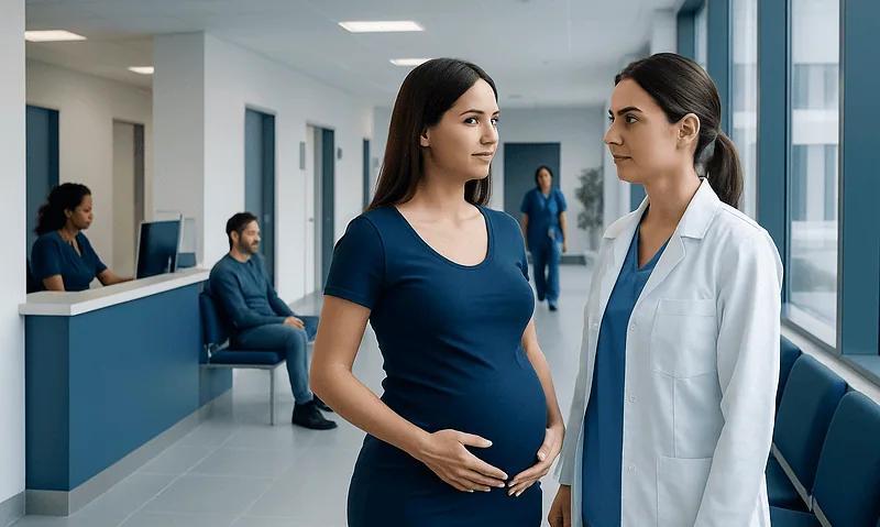Pregnant woman consulting with a doctor in a hospital corridor.